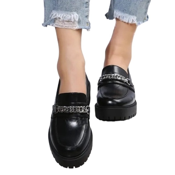 Yetier Black Chunky Heel Round Toe Slip On Chain Y2K Loafers Academia 5.5 - Picture 3 of 12